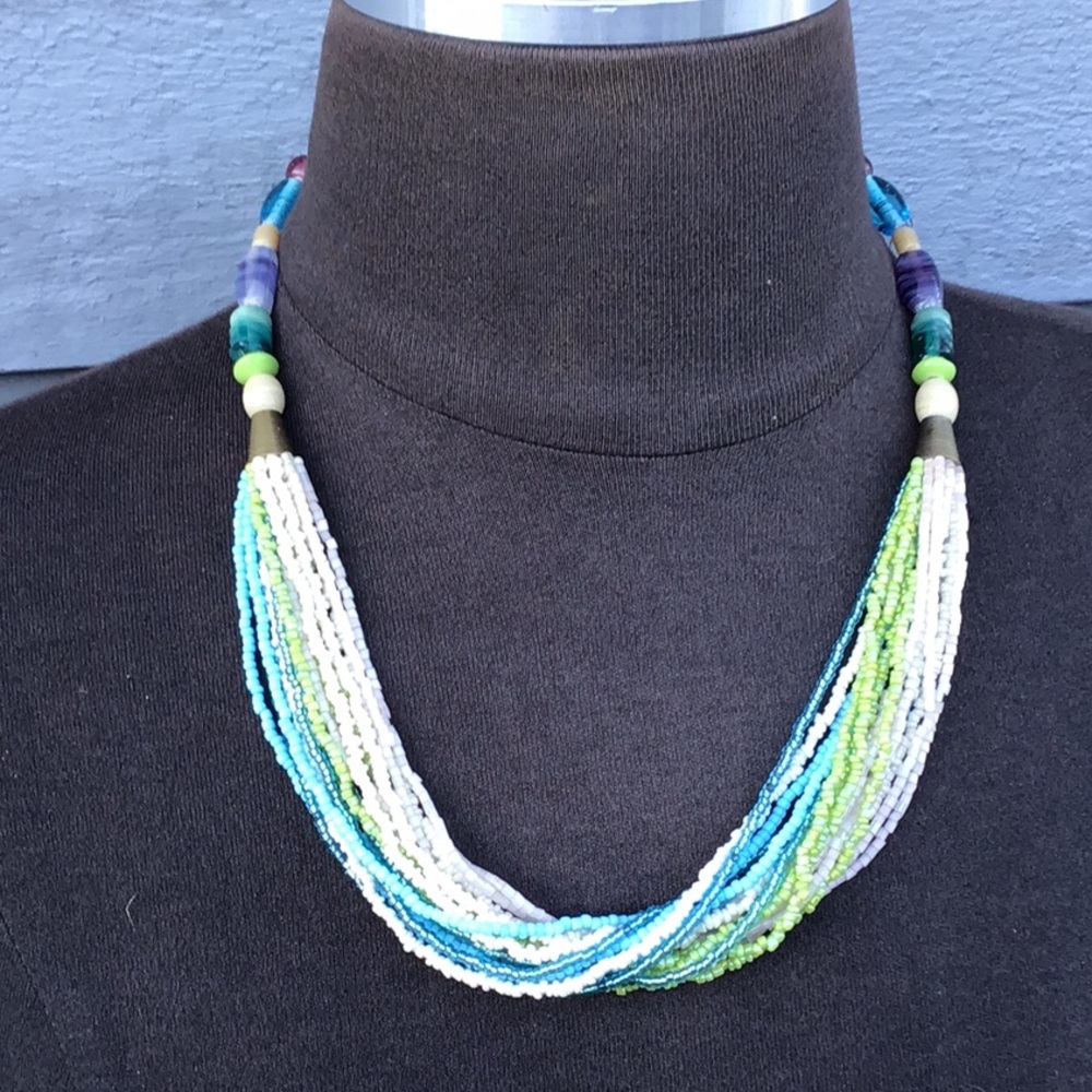 Mandee Multi Strand Twist Blue/Green Bead Necklace